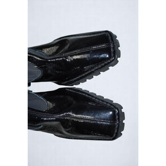 Black Patent Sock Ankle Boots Womens 7 Made in Spain Lug Sole Square Toe Stretch - Picture 8 of 9